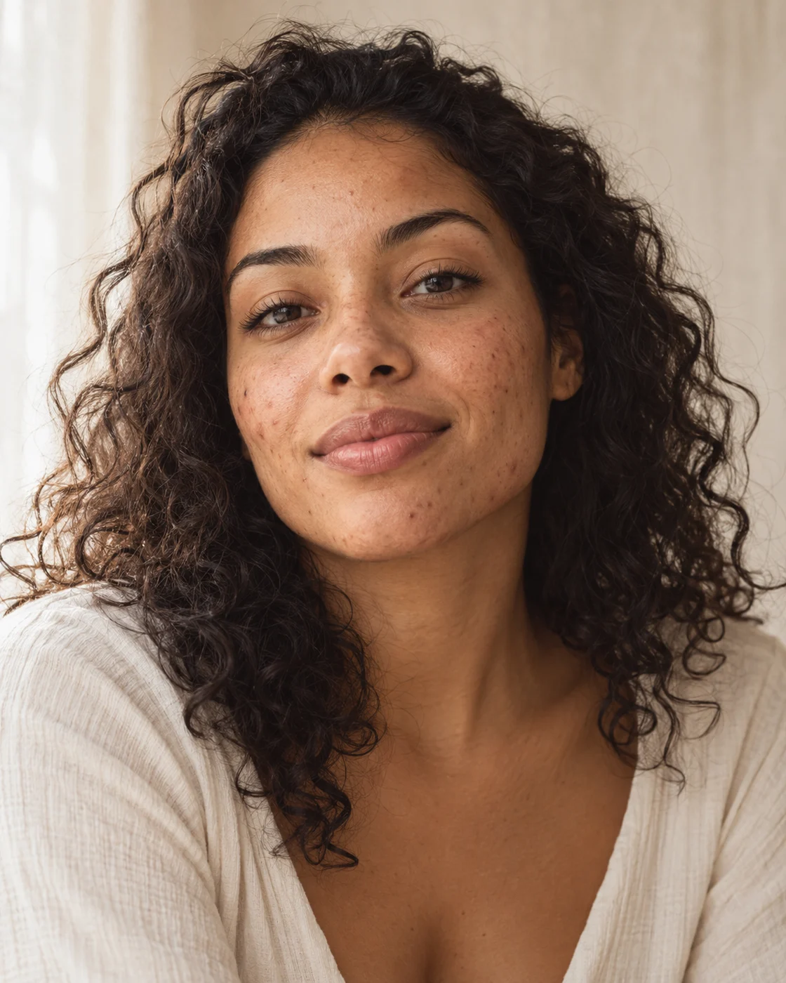 Portrait créé par IA d’une jeune femme aux cheveux bouclés, avec des boutons et des marques visibles.